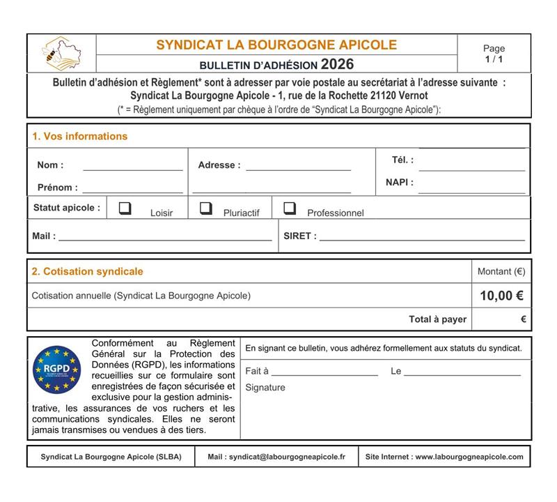 bulletin d'adhésion au syndicat pour l'année en cours, cotisation 10€